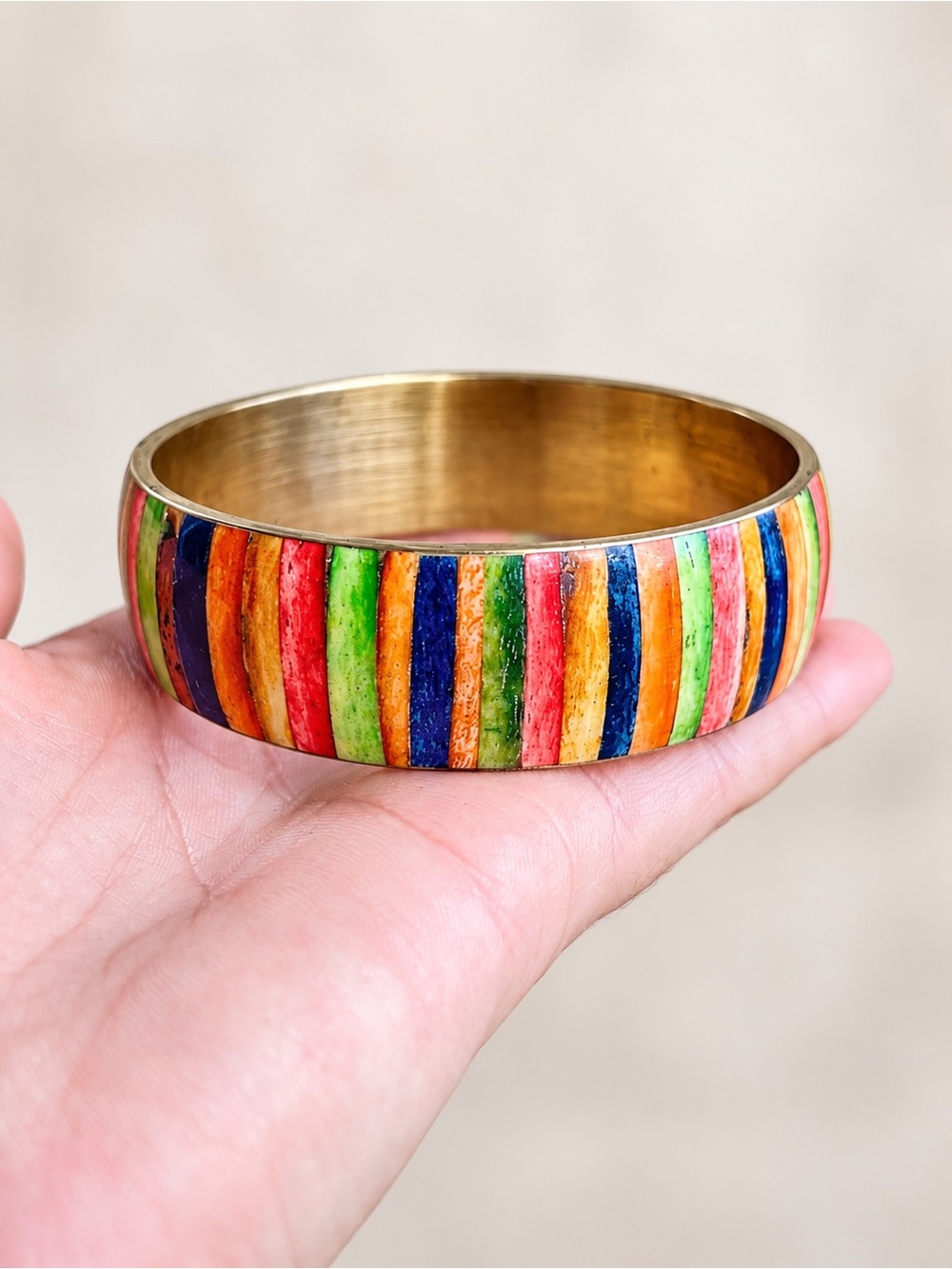Colorful Rainbow Striped Wide Bangle Bracelet Gold Tone Boho Statement